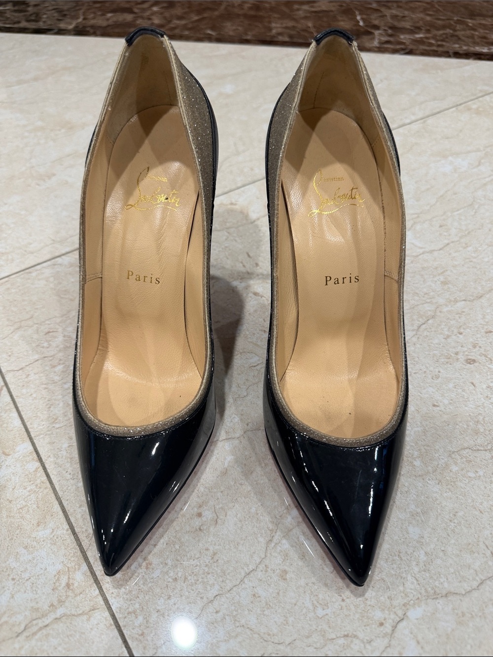 Christian Louboutin Black Patent Pointed Toe Pumps with Glitter Trim